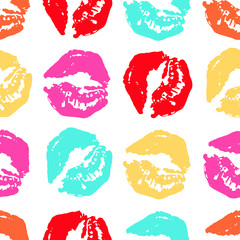 Seamless pattern of lipstick prints on a white background.
