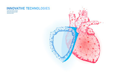 Human heart 3d protection shield medicine low poly concept. Triangle red pharmacy drugstore background. Supplement recovery reconstruction vector illustration