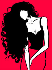 girl with long black hair, fashion illustration
