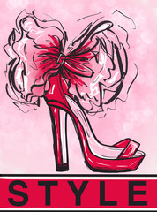 red thick heeled sandals with bow, fashion illustration