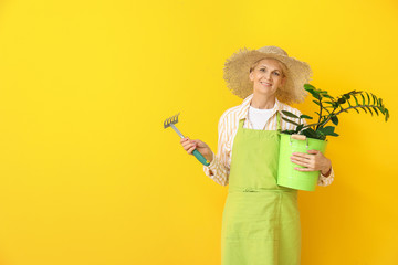 Portrait of female gardener on color background © Pixel-Shot
