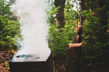family vacation in the forest.  compact grill in the woods by the fire. sausages on skewers and smoke from the fire on the background of the forest