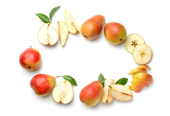 Naklejka na ściany i meble Frame made of sweet ripe pears on white background