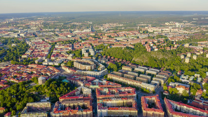 Gothenburg, Sweden. Panorama of the city central part of the city. Sunset, From Drone