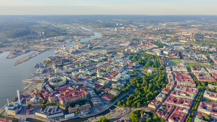 Gothenburg, Sweden. Panorama of the city central part of the city. Sunset, From Drone - obrazy, fototapety, plakaty
