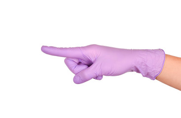 Hand pointing this way to follow. Hand in a purple latex glove isolated on white. Woman's hand gesture or sign isolated on white.