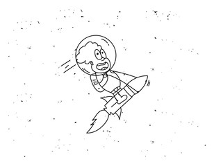 boy in space, flying sitting on a rocket. space adventure.