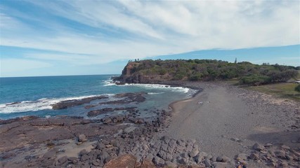 Boulder Beach Headland Cliffs. Lennox Head Landscape Australia New South Wales. Ocean Views & Rocky Boulders & Sunny Blue Cloudy Sky Over Coast Sea Waves. Popular Seaside Family Holiday Destination