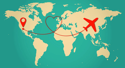 Airplane line path vector icon of air plane flight route with start point and dash line trace.