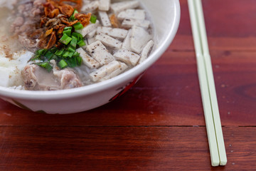 Noodle on wooden table.Delicious noodles, Thai food menu.