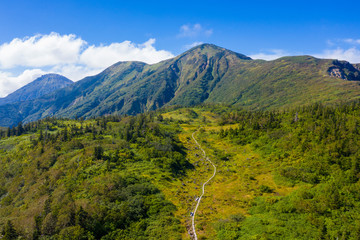 火打山の登山道をドローンから撮影した風景