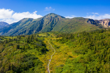 火打山の登山道をドローンから撮影した風景