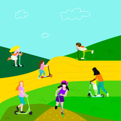 children and adults riding on scooters on hills.