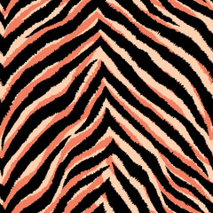 Animal skin seamless pattern. Zig-zag tiger stripes and lines background. Black and orange repeating backdrop. Detailed hand-drawn vector illustration. Exotic print for fabrics, posters, banners.
