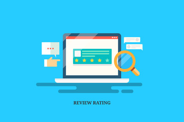Review rating on laptop screen illustration, customer written feedback, sharing experience on web, star, testimonial message concept. Flat design vector banner.