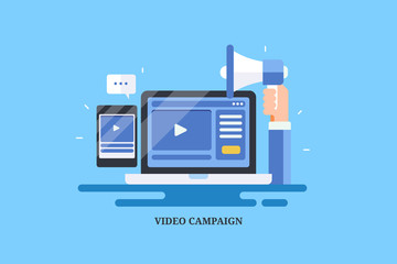 Successful video marketing campaign, social media engagement, digital media advertising concept. Flat design vector banner isolated on blue background.