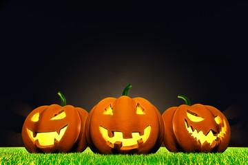 Halloween pumpkin with ghost face on grass with night sky, 3D rendering