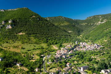 Scenic view of the village of Peyreleau which is located at the confluence of the Tarn river and La Jonte river