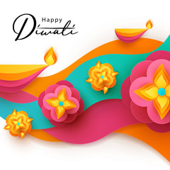 Diwali Hindu festival greeting design in paper cut style with oil lamps on colorful waves and beautiful flowers of lights. Holiday background for branding greeting card, banner, cover, flyer or poster