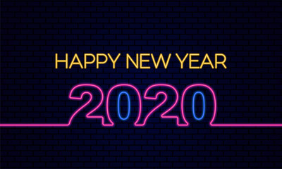 Happy New Year 2020 poster celebration with glowing neon light effect on dark blue brick background vector illustration