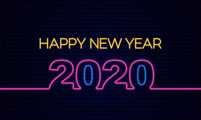 Obraz premium Happy New Year 2020 poster celebration with glowing neon light effect on dark blue brick background vector illustration