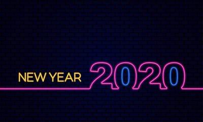 Happy New Year 2020 poster celebration with glowing neon light effect on dark blue brick background vector illustration