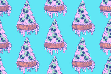 seamless pattern pizza with aliens, ufo