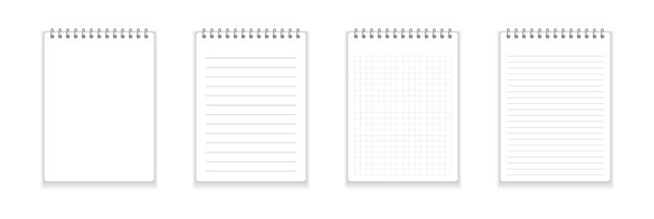Realistic notebook or notepad with binder isolated. Memo note pad or diary with lined and squared paper page templates. Vector illustration