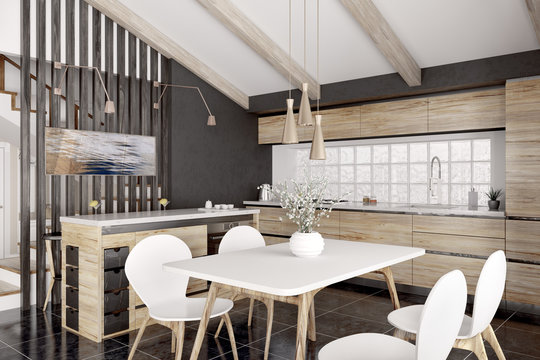 Modern wooden kitchen interior 3d rendering