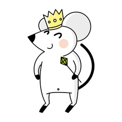 Cartoon white mouse with a crown on his head and a magic wand in his hands. Magic Fairy Concept. Vector illustration