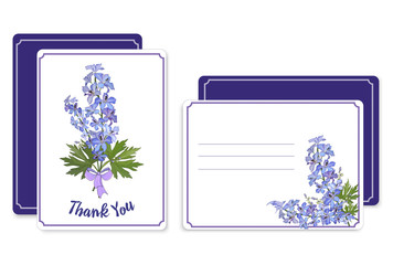 Horizontal and vertical postcards with a bouquet of flowers delphinium.