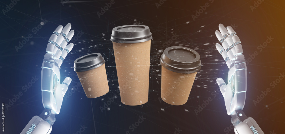 Poster cyborg holding a group of cardbox coffee cup with connection 3d rendering