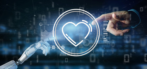 Cyborg hand holding a heart icon surrounded by data