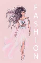 girl with flying hair in evening dress, fashion illustration