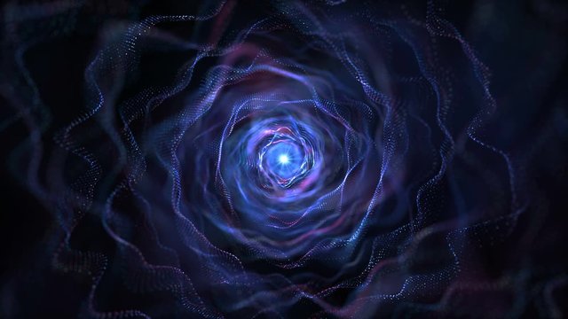 4K Abstract modern neon lines tunnel. Blue and red dots technology construction. Camera rotates and moves forward towards. Dynamic motion background.