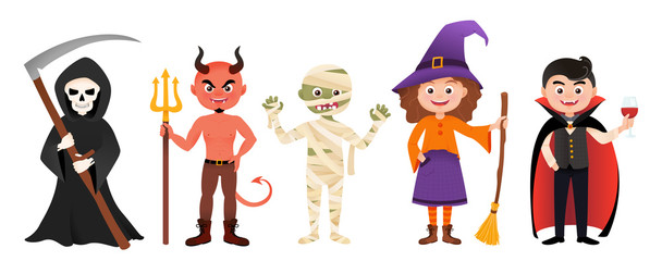 Halloween costume character set isolated on white