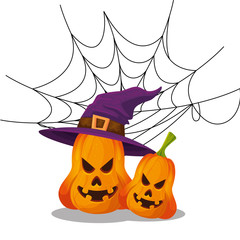 halloween pumpkins with hat witch and cobweb