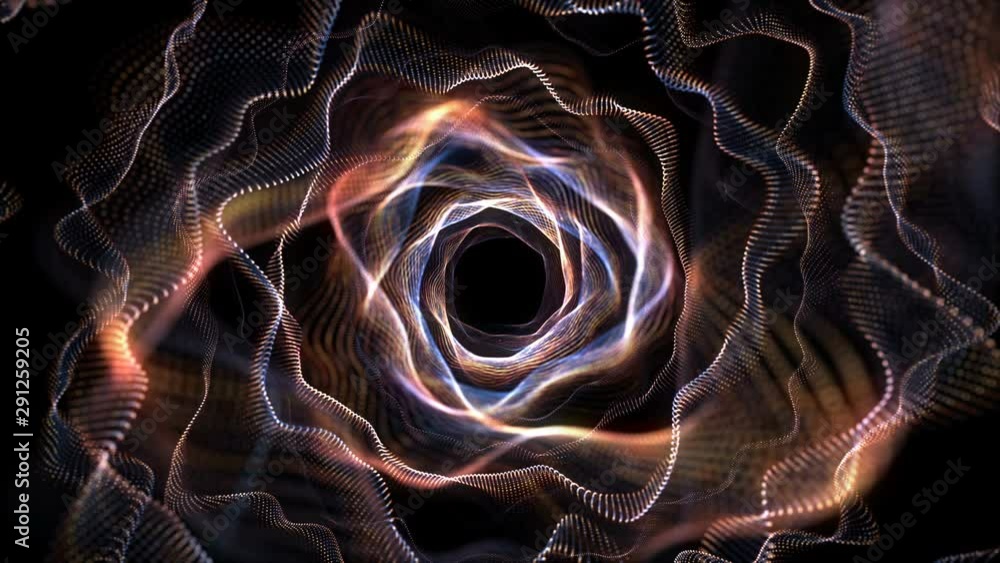 Poster 4k abstract modern neon lines tunnel. gold and blue dots technology construction. camera rotates and