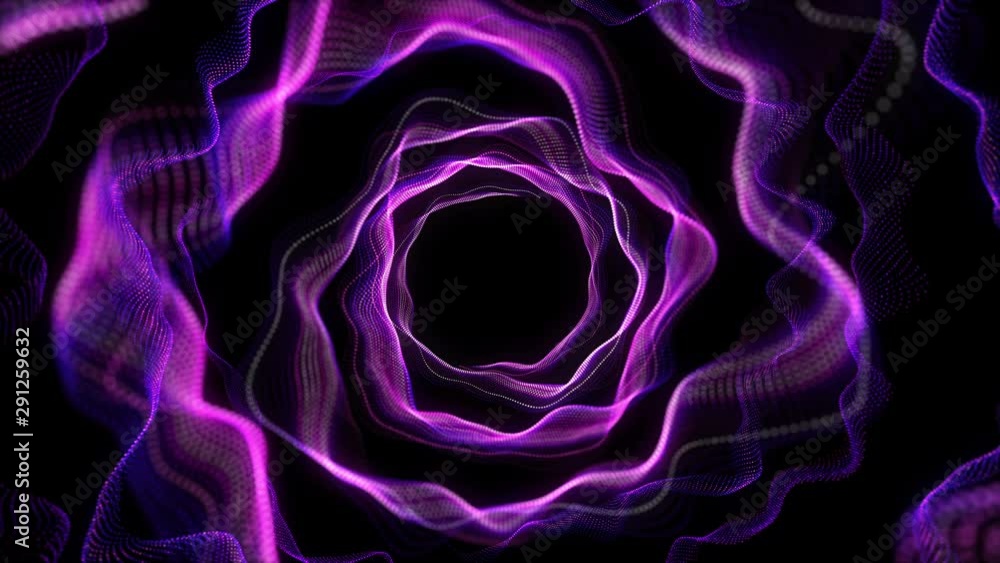 Poster 4K Abstract modern neon lines tunnel. Violet dots technology construction. Camera rotates and moves forward towards. Dynamic motion background.