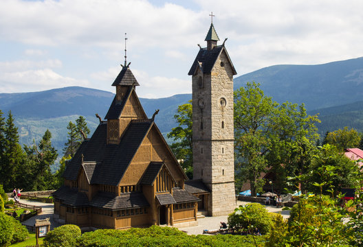 Karpacz, Poland. Wang temple. General view of the wooden church.
