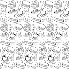 Seamless pattern of sweets, cookies, donut, marshmallow, macaron in vector. Sweet pastries and pastry isolated on white background. Hand drawn in vintage style.