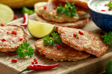 Corn fritters, pancake with dip white sauce, lime and chilli on wooden board