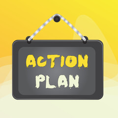 Writing note showing Action Plan. Business concept for list of things or schedule to be made thia current year Board fixed nail frame colored background rectangle panel