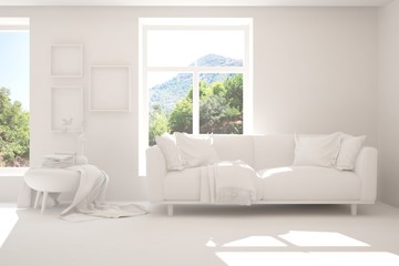 Mock up of stylish room in white color with sofa and green landscape in window. Scandinavian interior design. 3D illustration