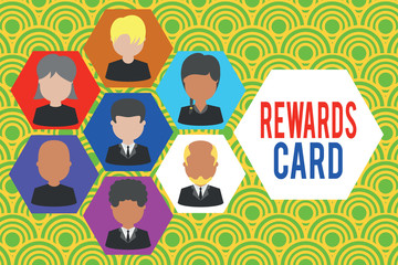 Writing note showing Rewards Card. Business concept for Help earn cash points miles from everyday purchase Incentives Picture frames CEO and staff Organization employee structure
