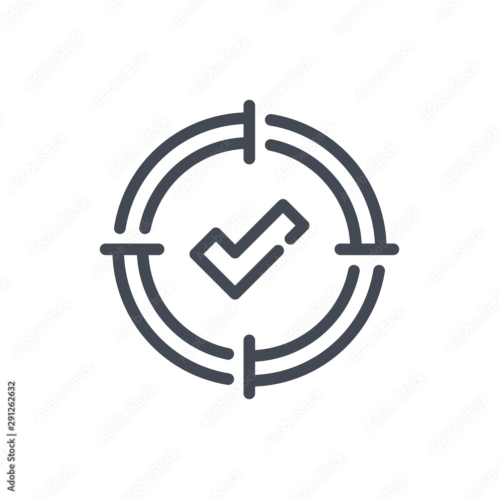 Poster target with check mark line icon. mission completed vector outline sign.