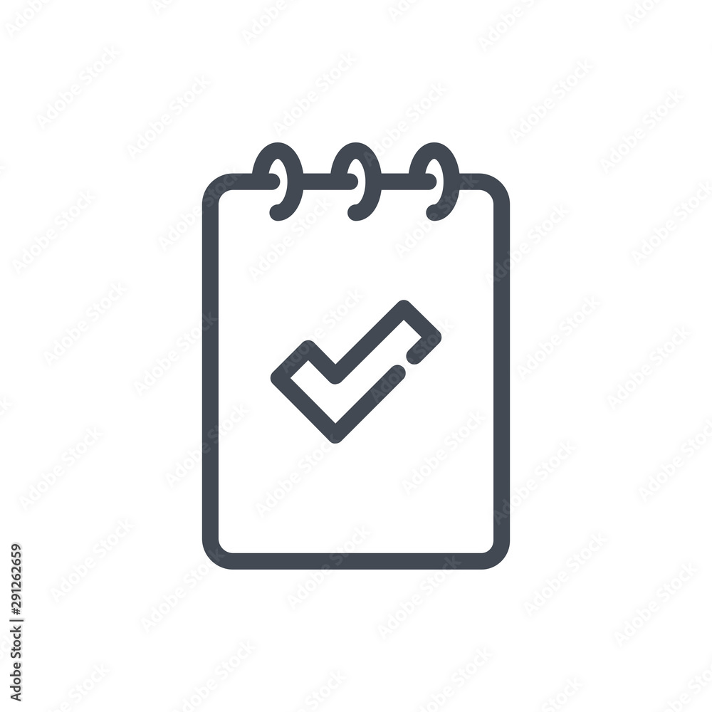 Poster notebook with check mark line icon. approved information vector outline sign.