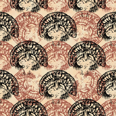 Monochrome watercolor  hand drawn artistic Harvest Thanksgiving fall  turkey bird vintage seamless pattern