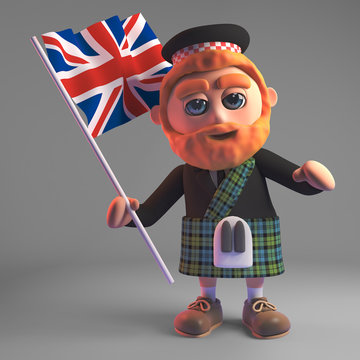 Cartoon 3d Scottish Man In Kilt And Sporran Waving A Union Jack British Flag, 3d Illustration