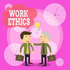 Conceptual hand writing showing Work Ethics. Concept meaning A set of values centered on the importance of doing work Businessmen Colleagues with Brief Case Sharing Idea Solution